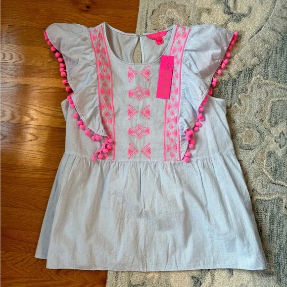 NWT Lilly Pulitzer Light Blue Raquelle Top with Pink Pom Trim - Picture 4 of 7